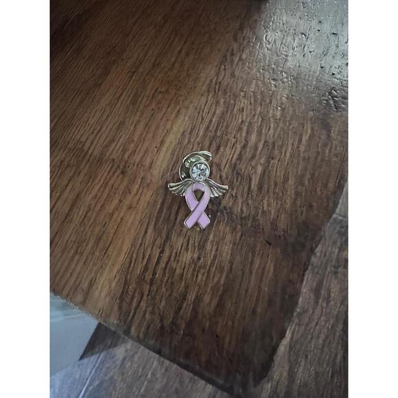 Gold Tone Pink Clear Rhinestone Angel Pin Brooch Awareness Ribbon Support Gift - Picture 2 of 4